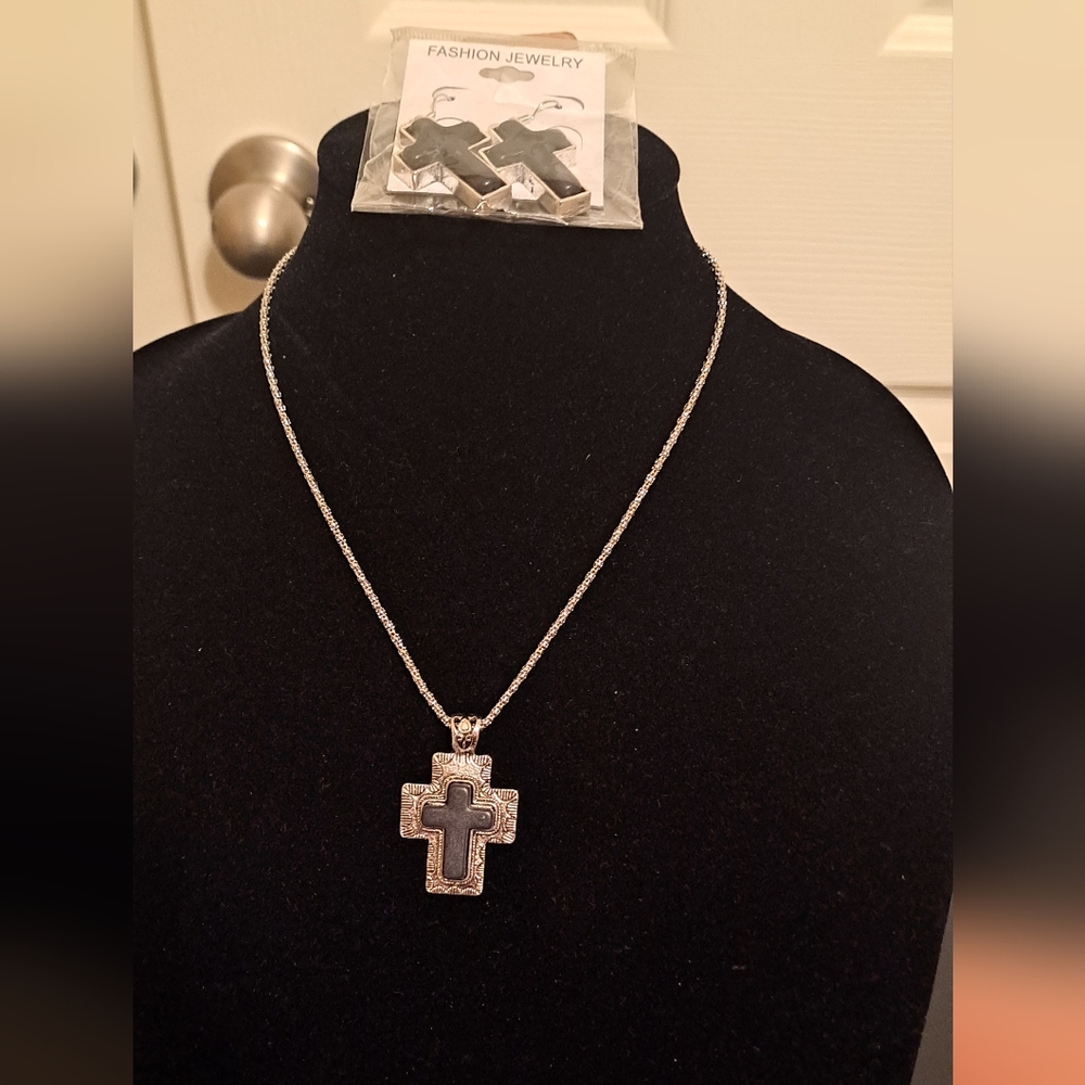 Silver Cross Necklace and Earrings Set NWT